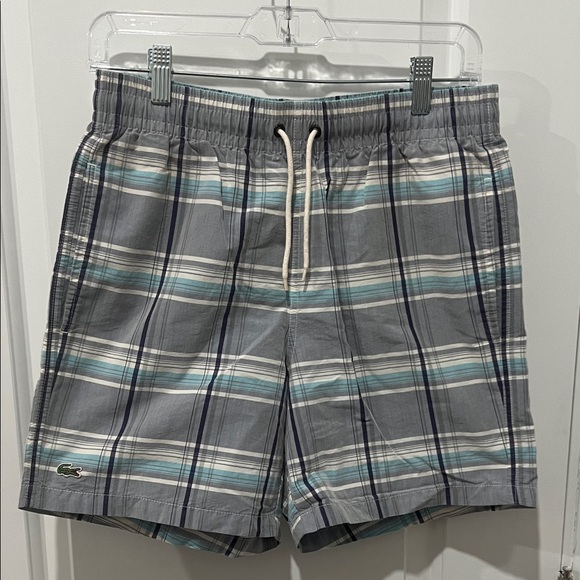 Lacoste Other - Lacoste Gray Navy and Light Blue Plaid Swim Shorts Size Small